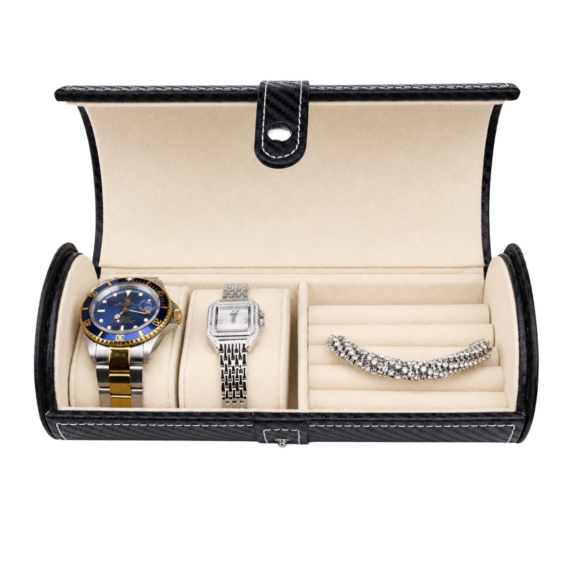 Cufflinks and Watch Roll Case in Black Carbon Fibre Vegan Leather