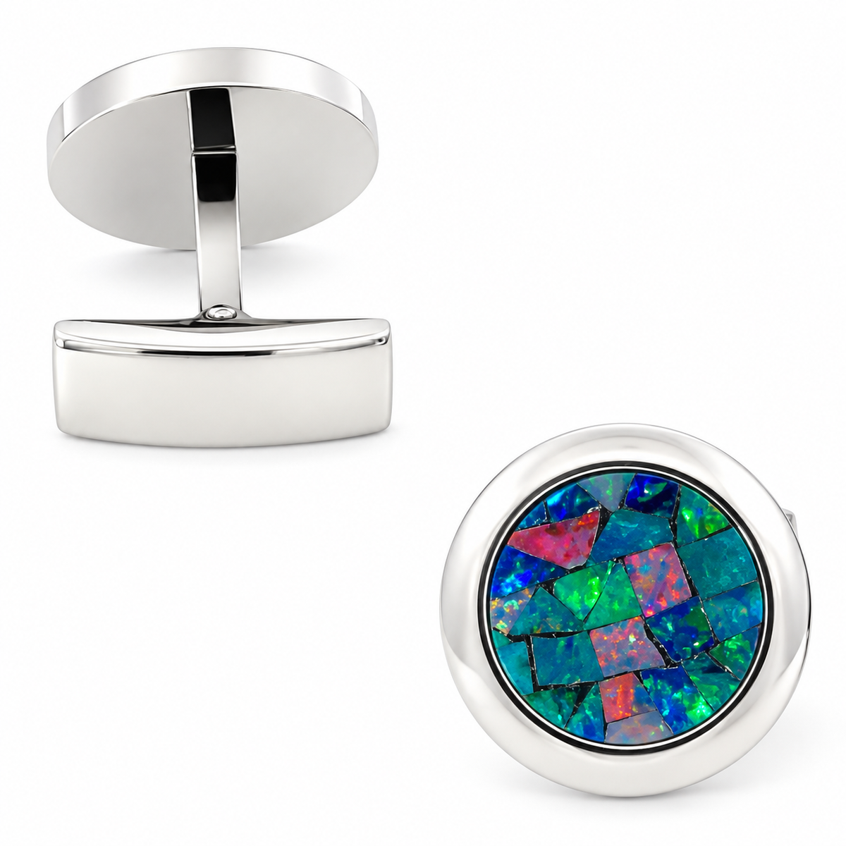 Opal Silver Round Cufflinks