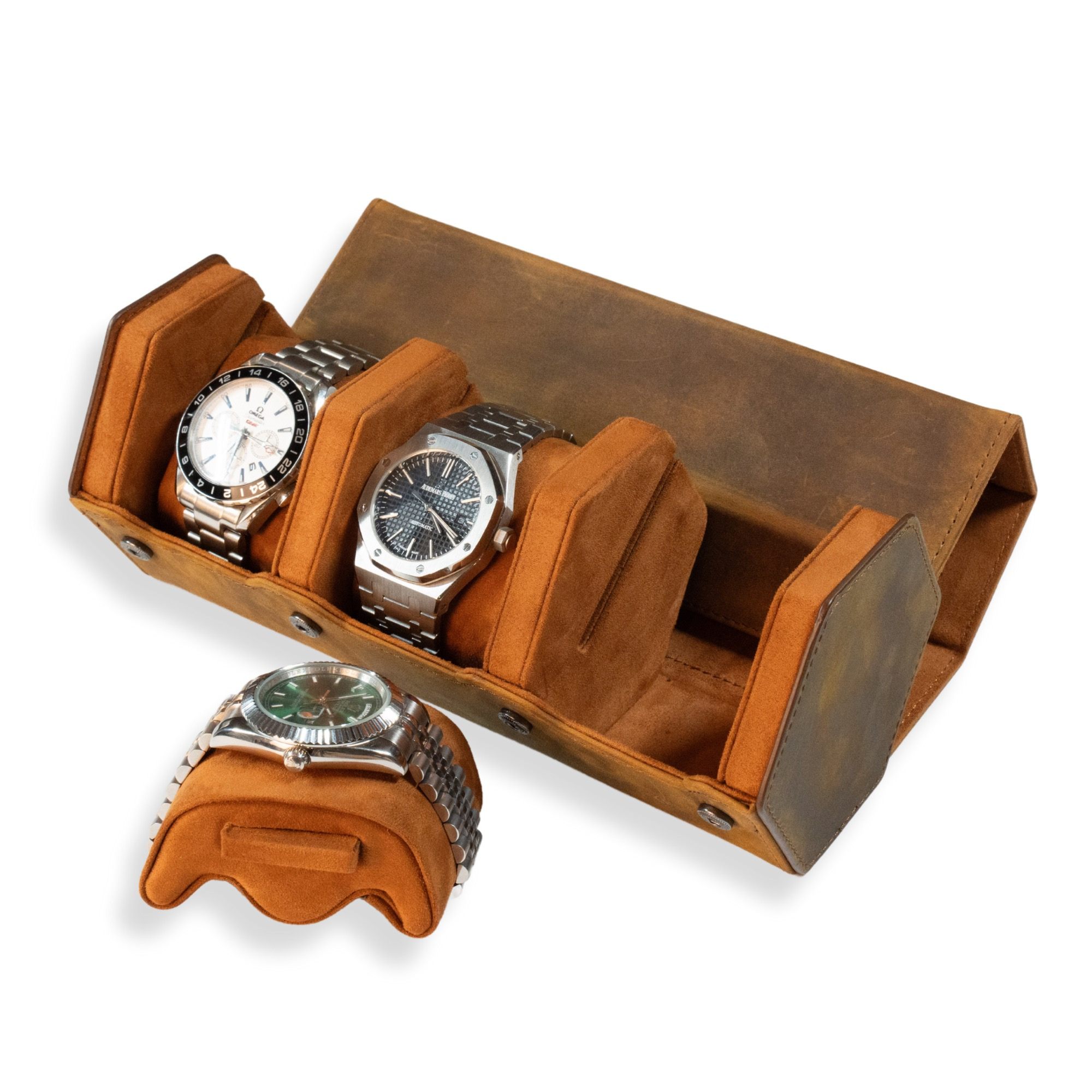 Seconds - Hex Leather Watch Roll 3 Slots in Saddle Leather/Brown (A)