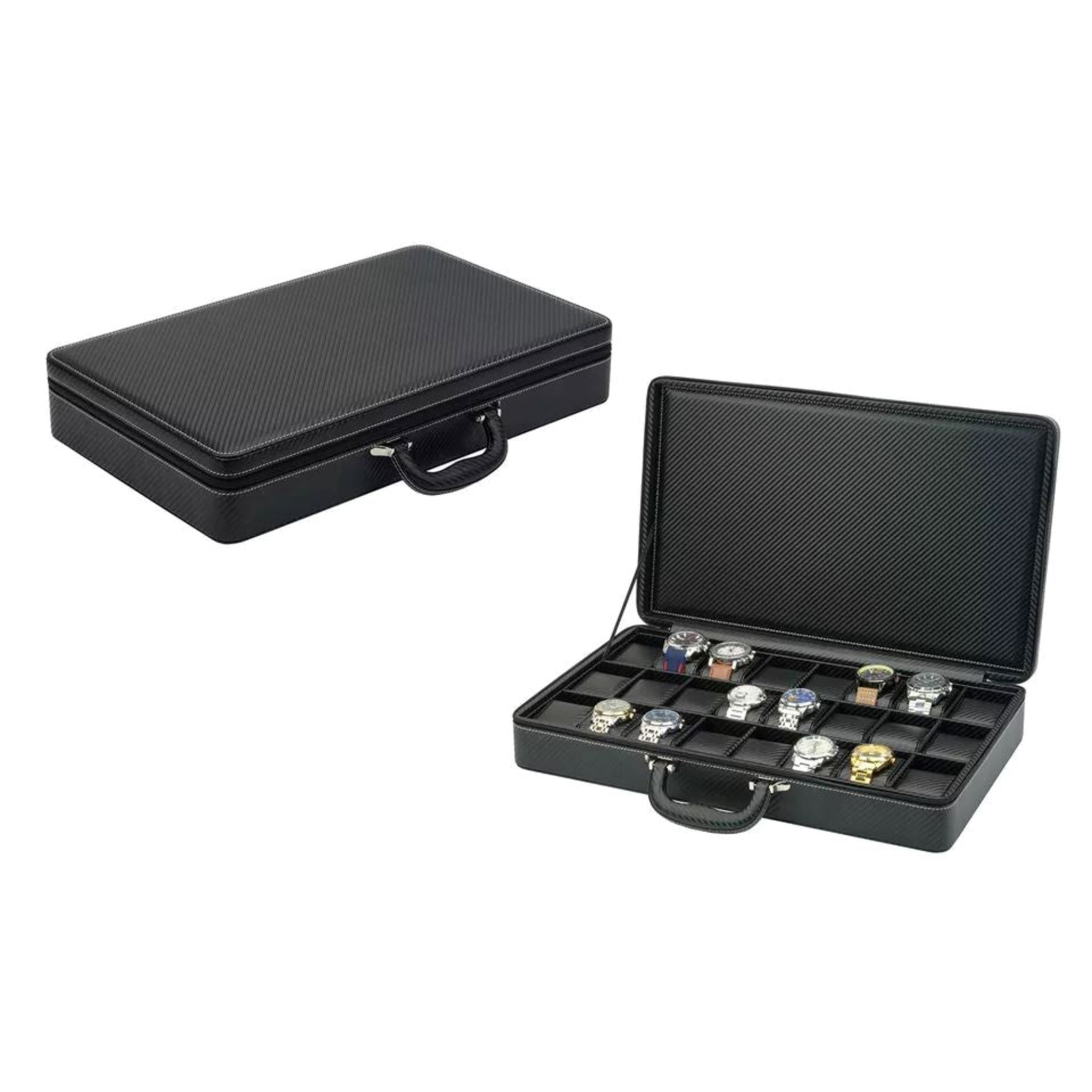 24 Slots Black Leather Watch Storage Case Watch Boxes Clinks
