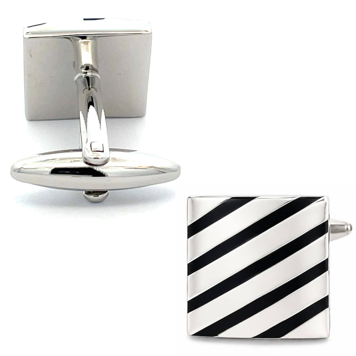 Black Diagonal Stripes on silver Cufflinks