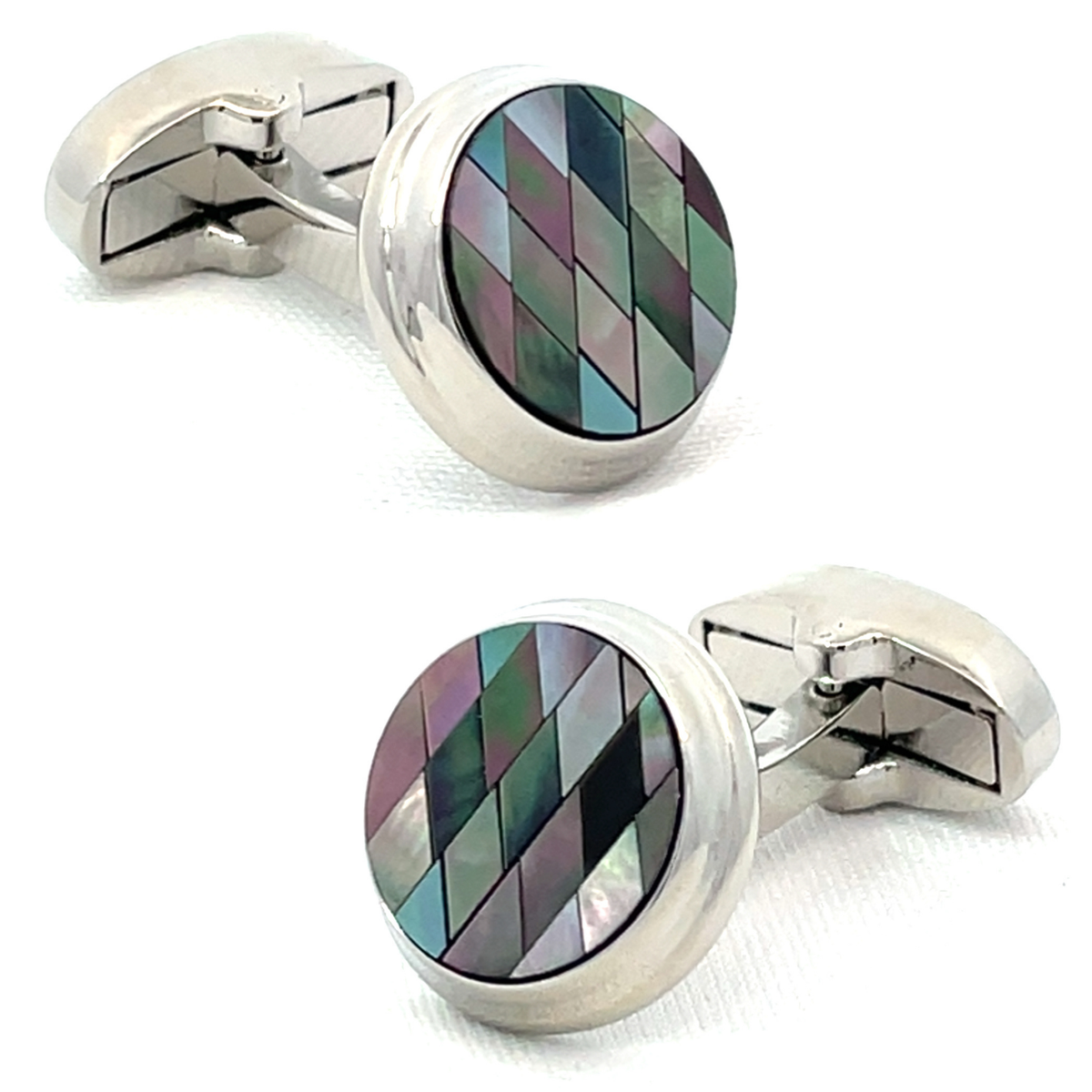 Black Diamond Mosaic Mother of Pearl in Round Silver Cufflinks