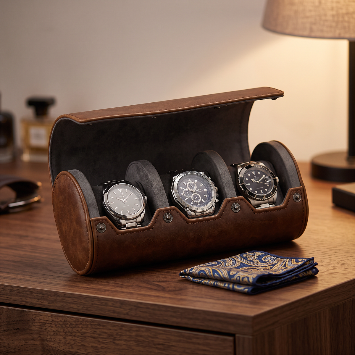 Watch Roll Case for 3 in Brown Vegan Leather — lifestyle shot