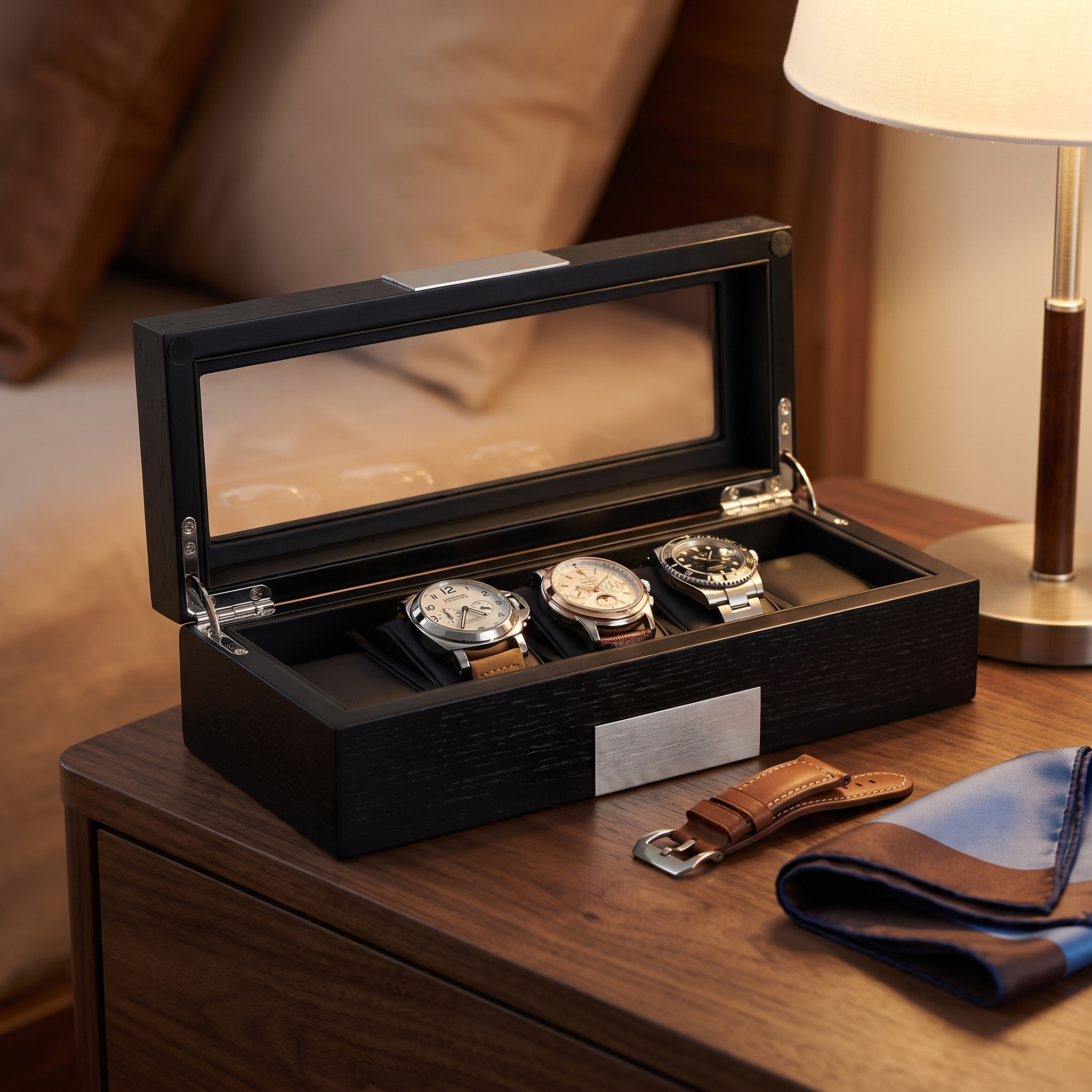 5 Slots Black Wooden Watch Box — lifestyle shot
