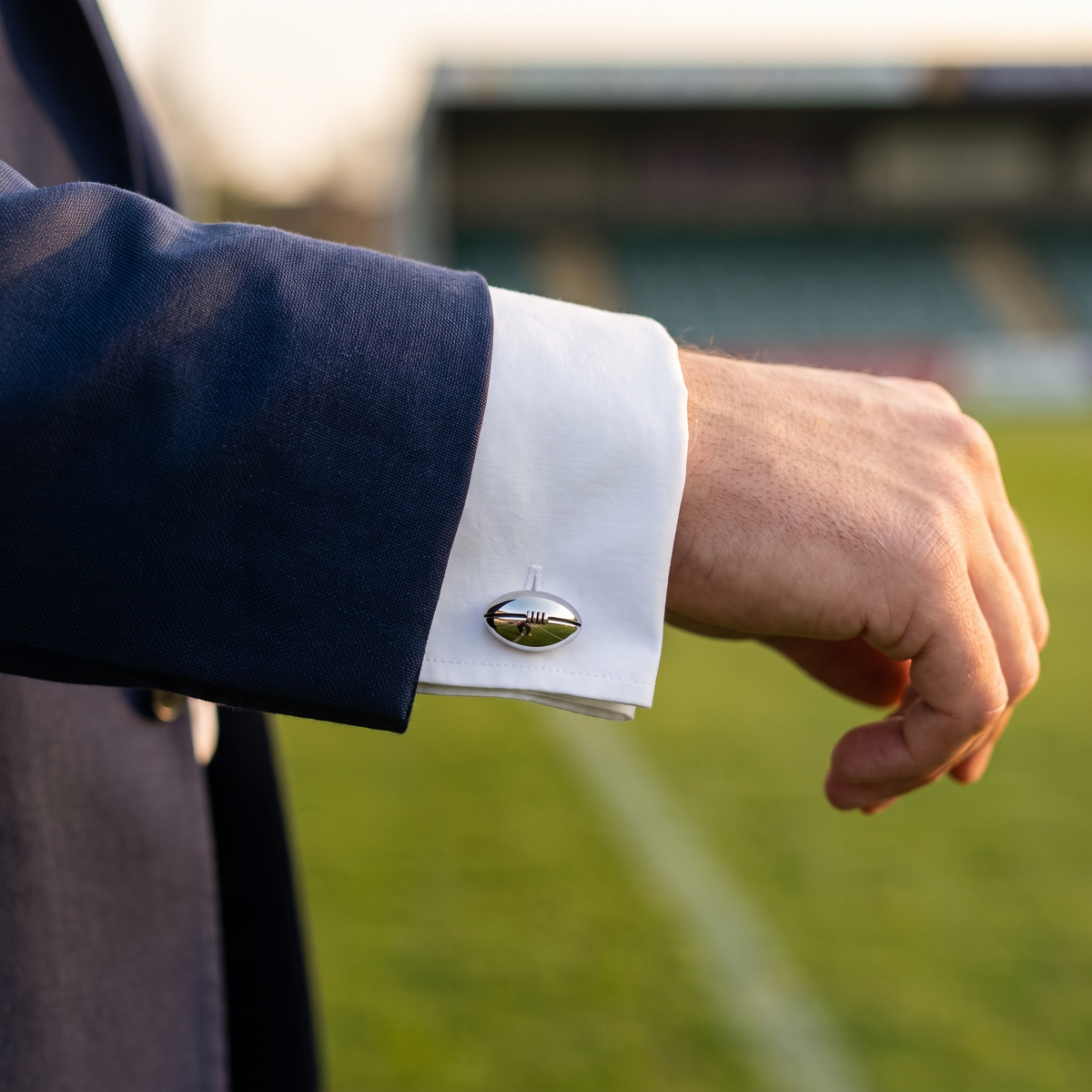 Footy / Rugby Silver Football Cufflinks — lifestyle shot