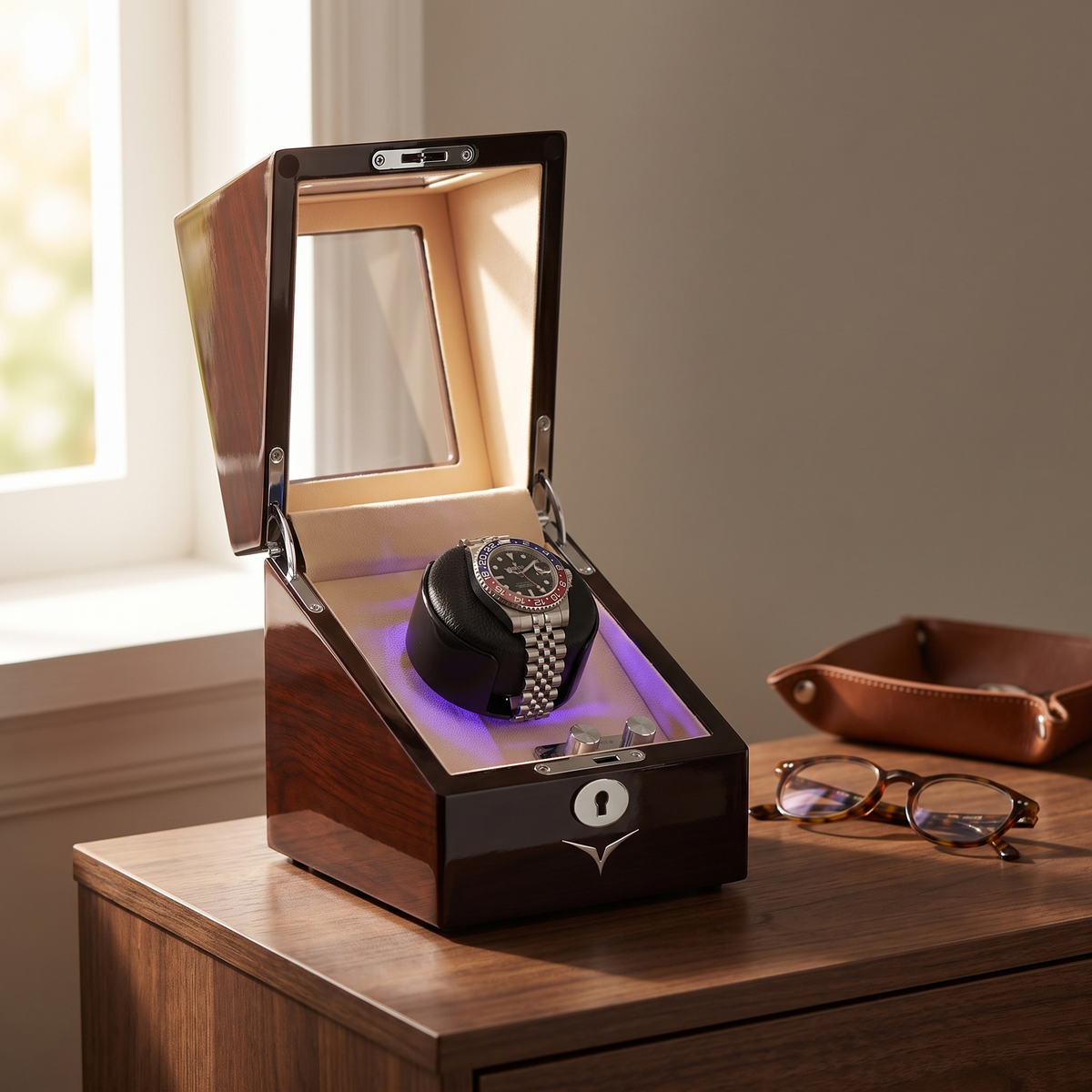 Waratah Watch Winder Box for 1 Watch in Mahogany — lifestyle shot