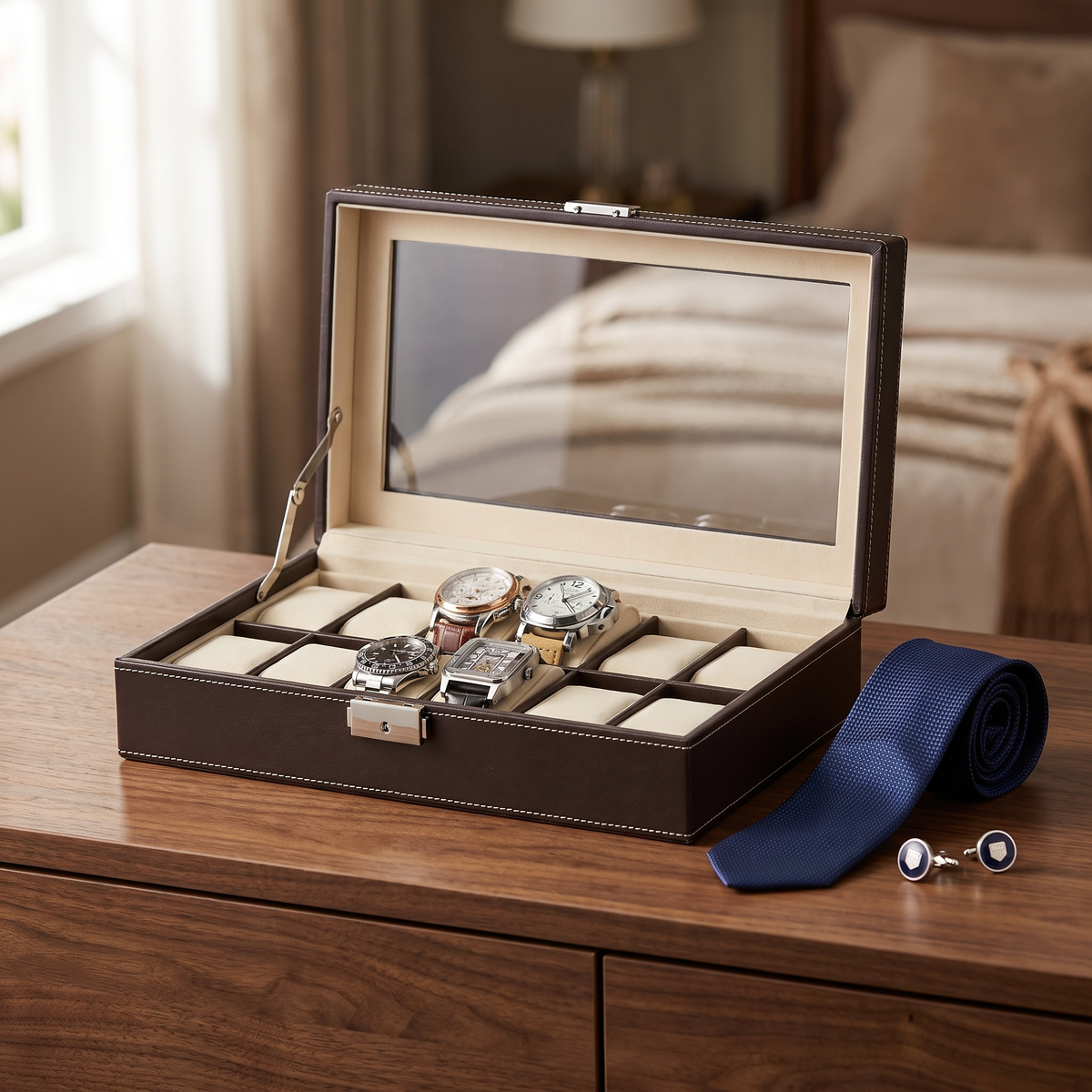 Dark Brown Leather Watch Box for 12 Watches — lifestyle shot
