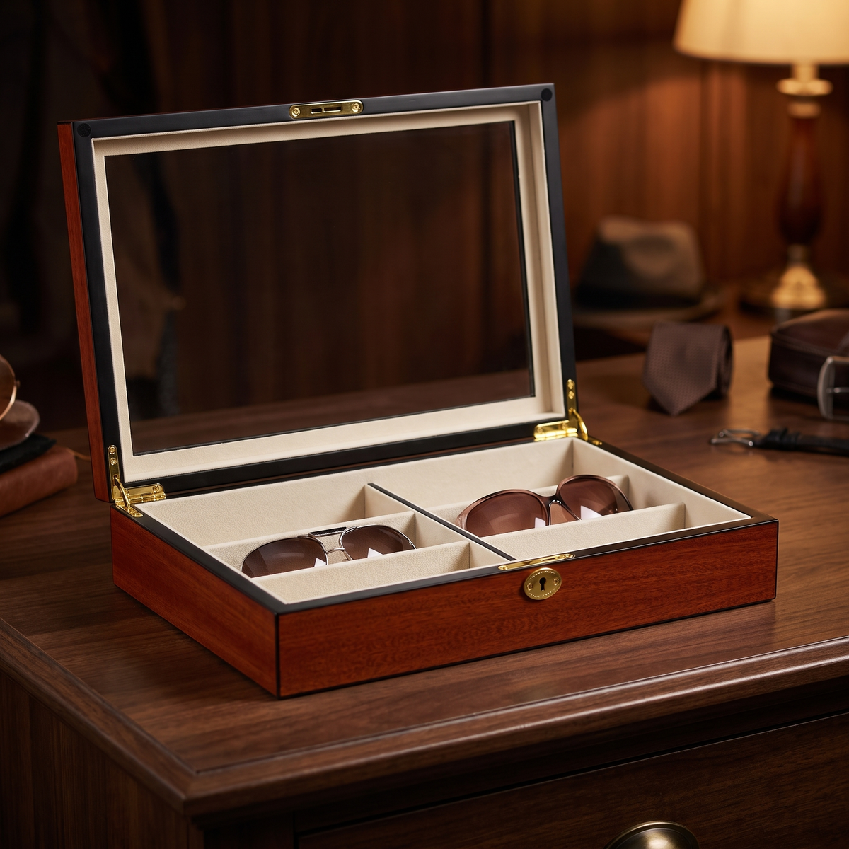6 Pairs Cherry Wooden Sunglass Box — lifestyle shot