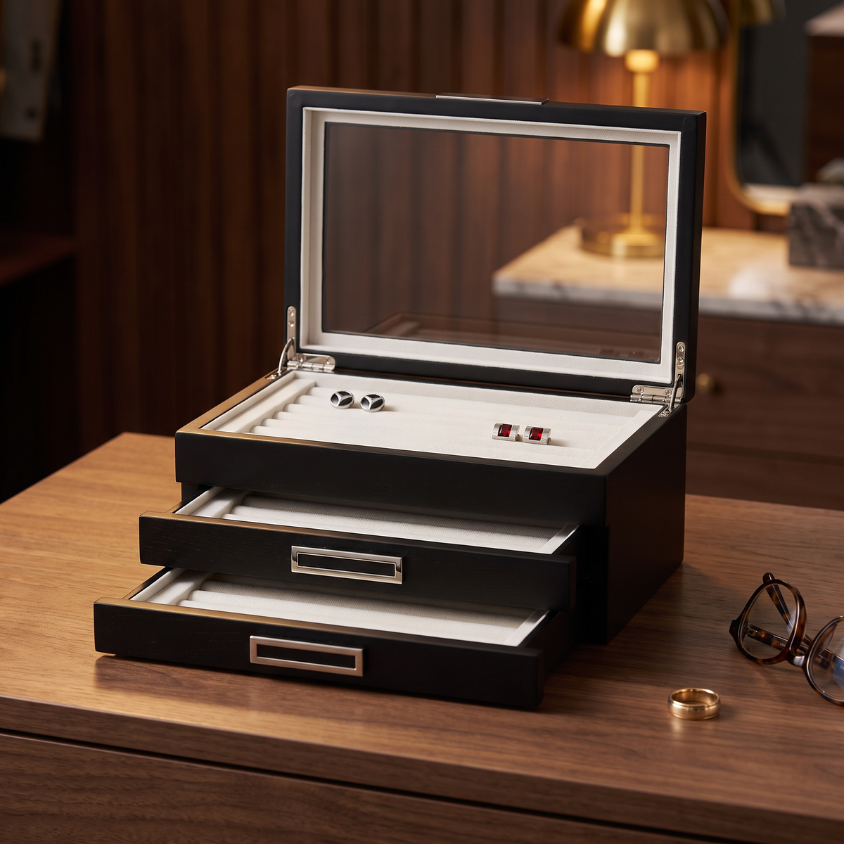 108 Pairs Wood Cufflink Box — lifestyle shot