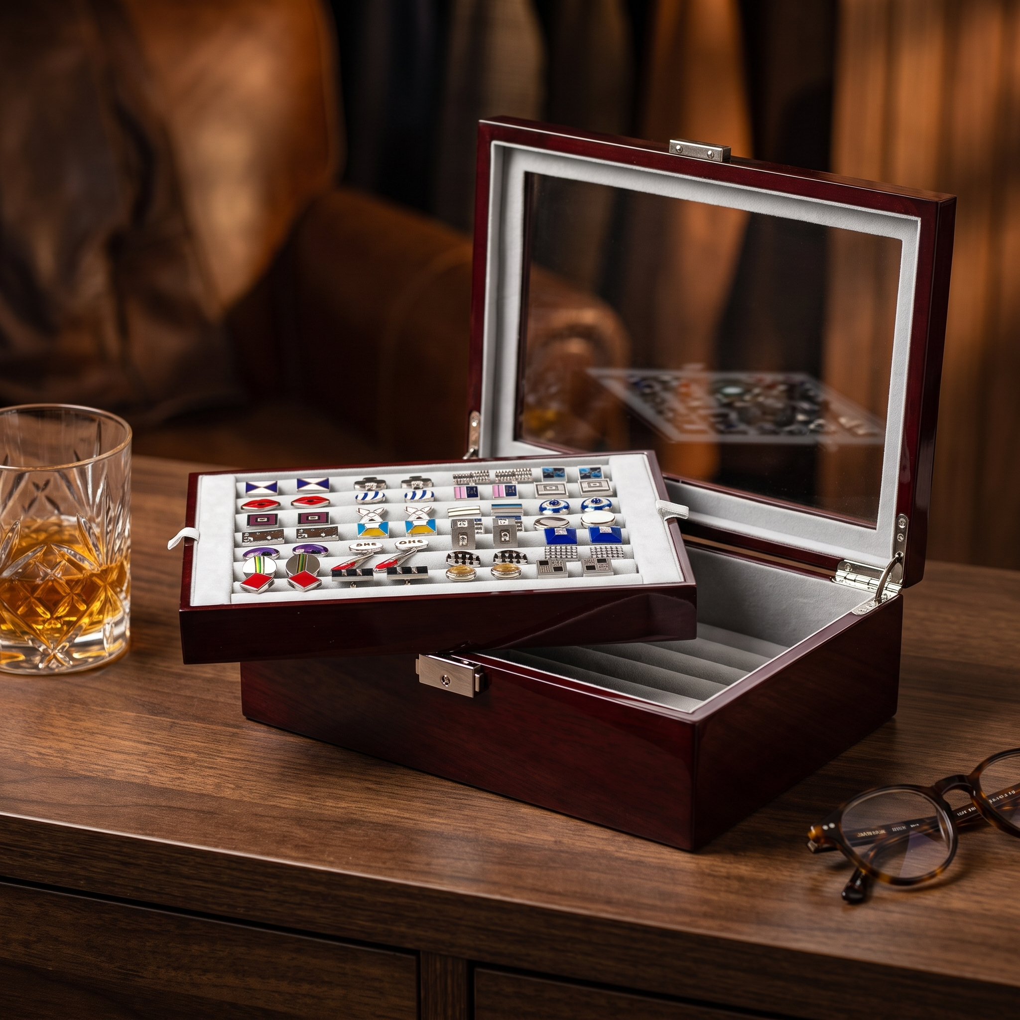 72 Pair Double Decker Mahogany Cufflink Box — lifestyle shot