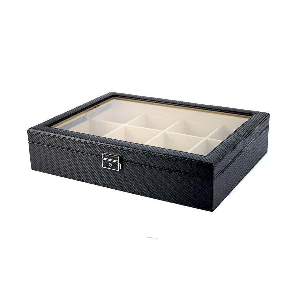 Carbon Fibre Leather Tie Box for 12 Storage Boxes Clinks