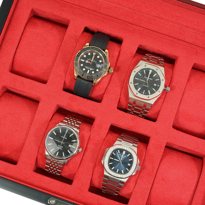 8 Slot Black Wooden Watch Box with Red Interior