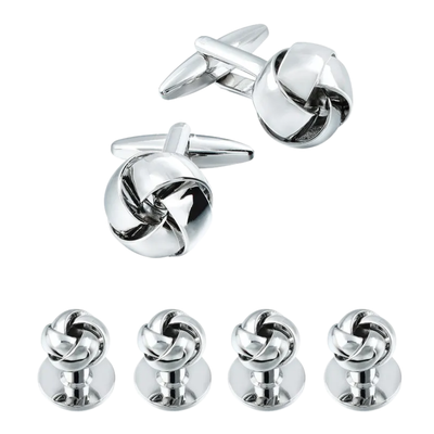 Shiny Silver Twist Knot Cufflinks and Stud Set