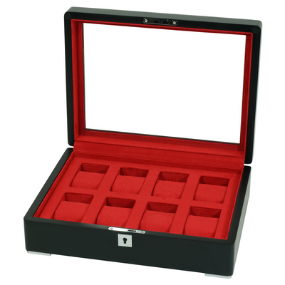 8 Slot Black Wooden Watch Box with Red Interior