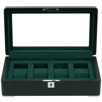 4 Slot Black Wooden Watch Box with Green Interior
