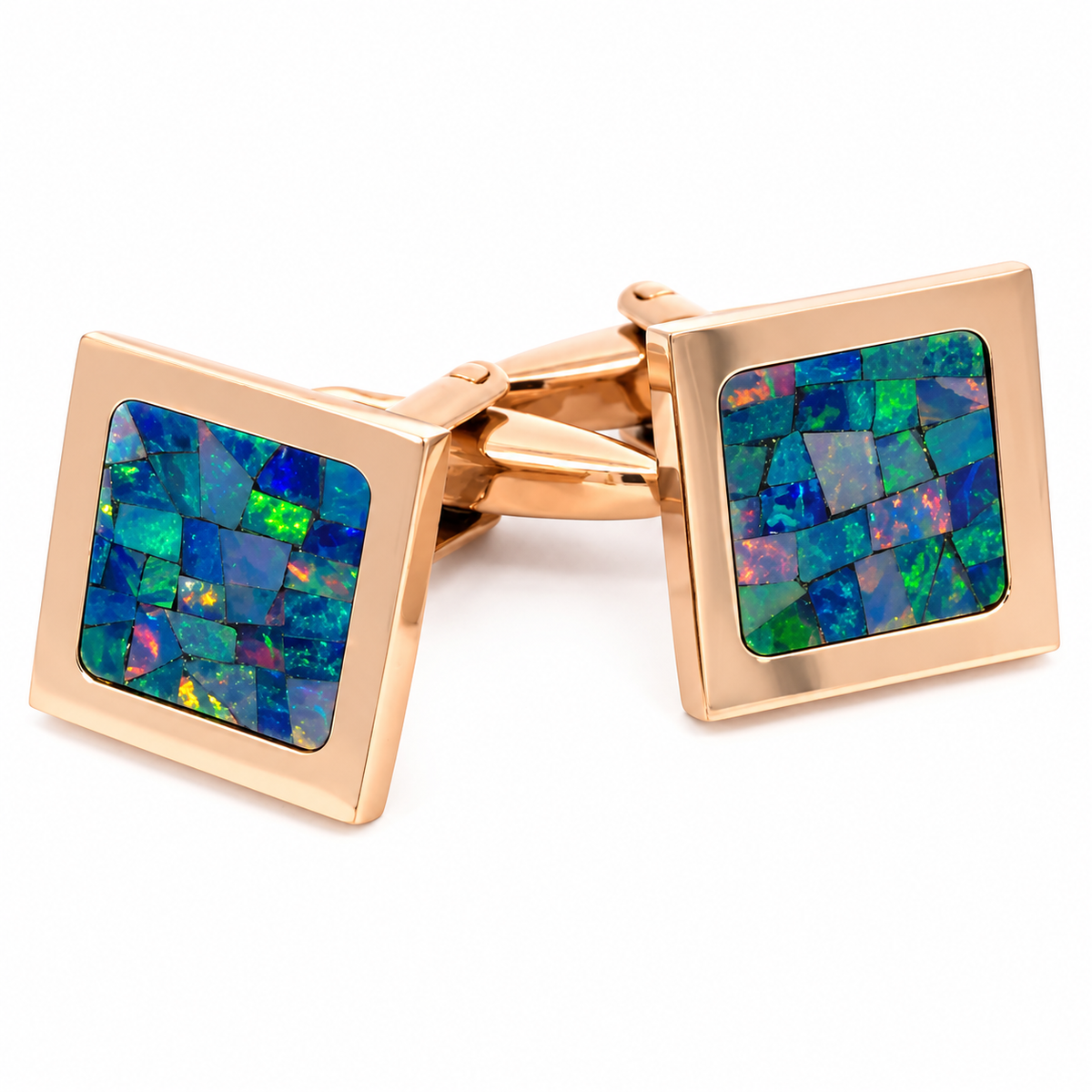 Australian Square Opal Cufflinks  (Green Shiny Rose Gold)