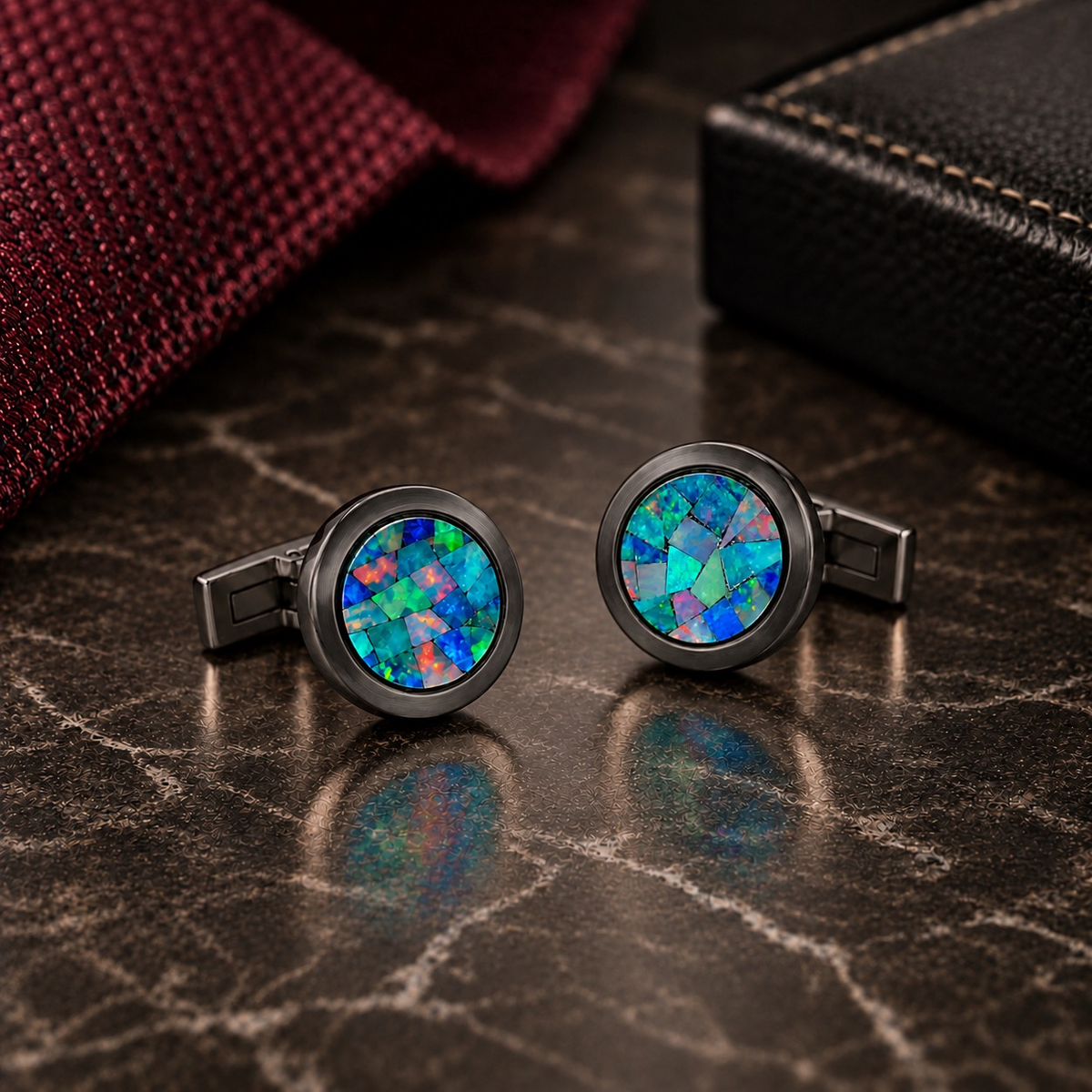 Opal Brushed Black Round Cufflinks