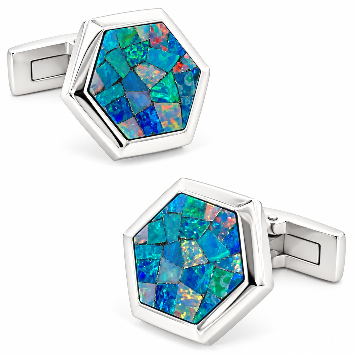 Opal Silver Hex Cufflinks