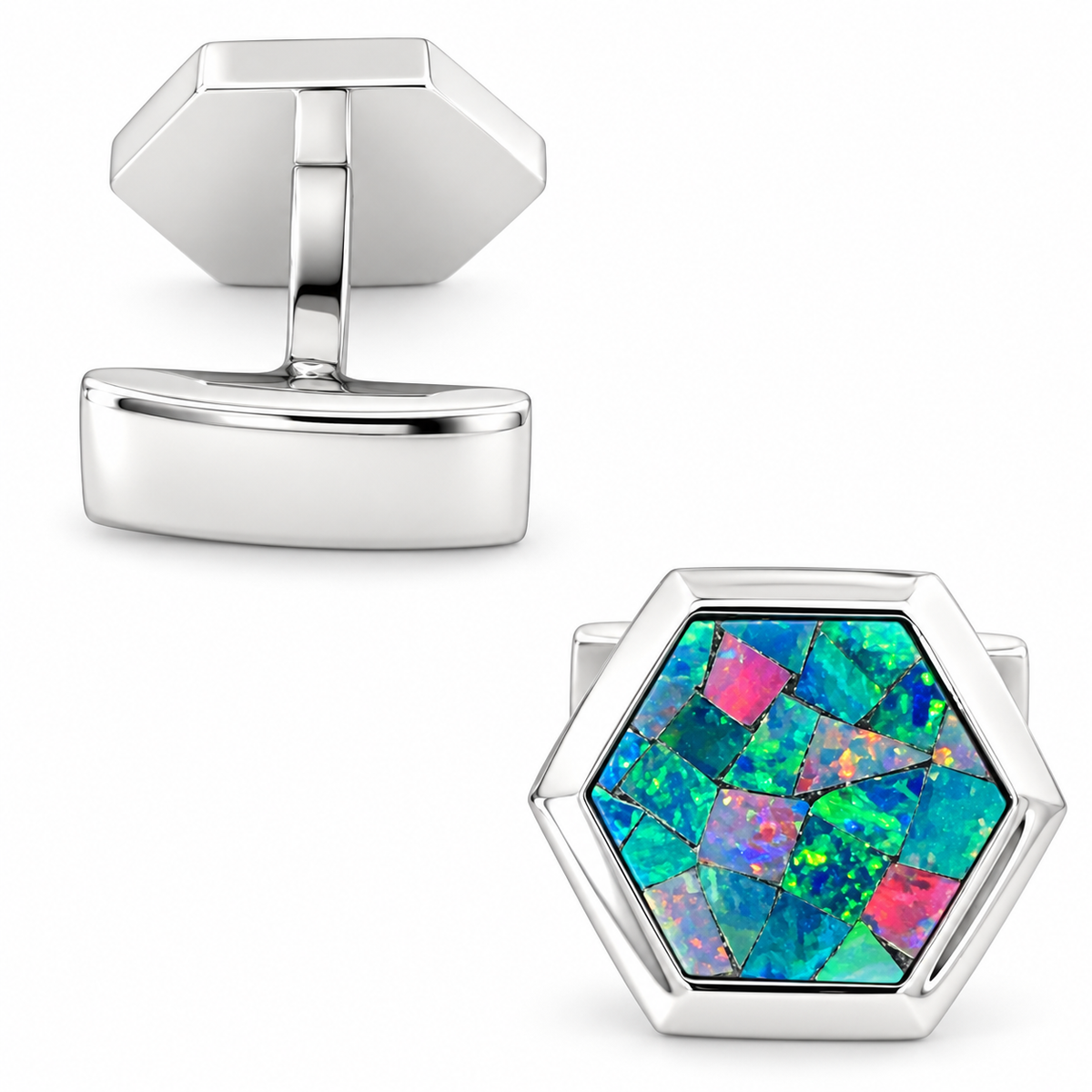 Opal Silver Hex Cufflinks