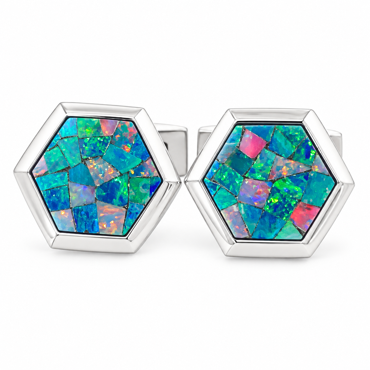 Opal Silver Hex Cufflinks
