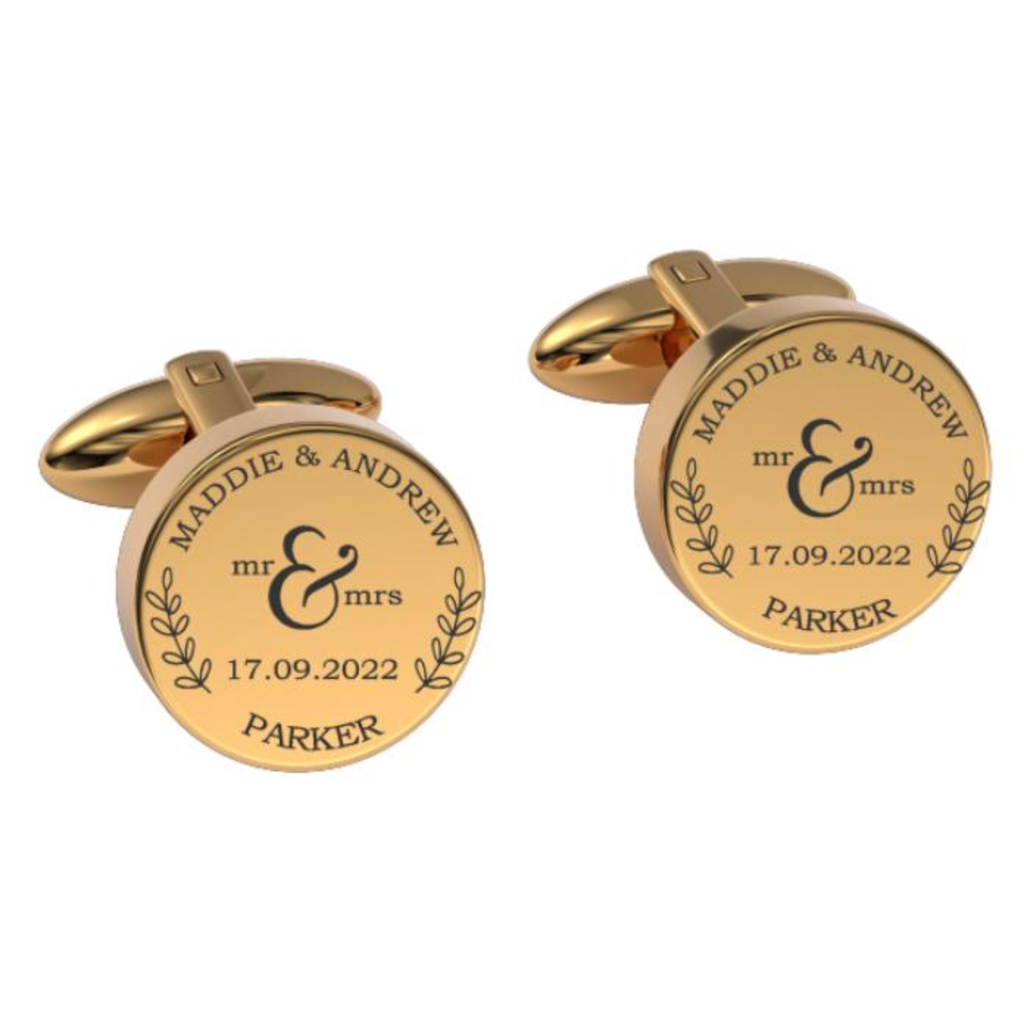 Mr + Mrs Name and Date Engraved Cufflinks in Gold
