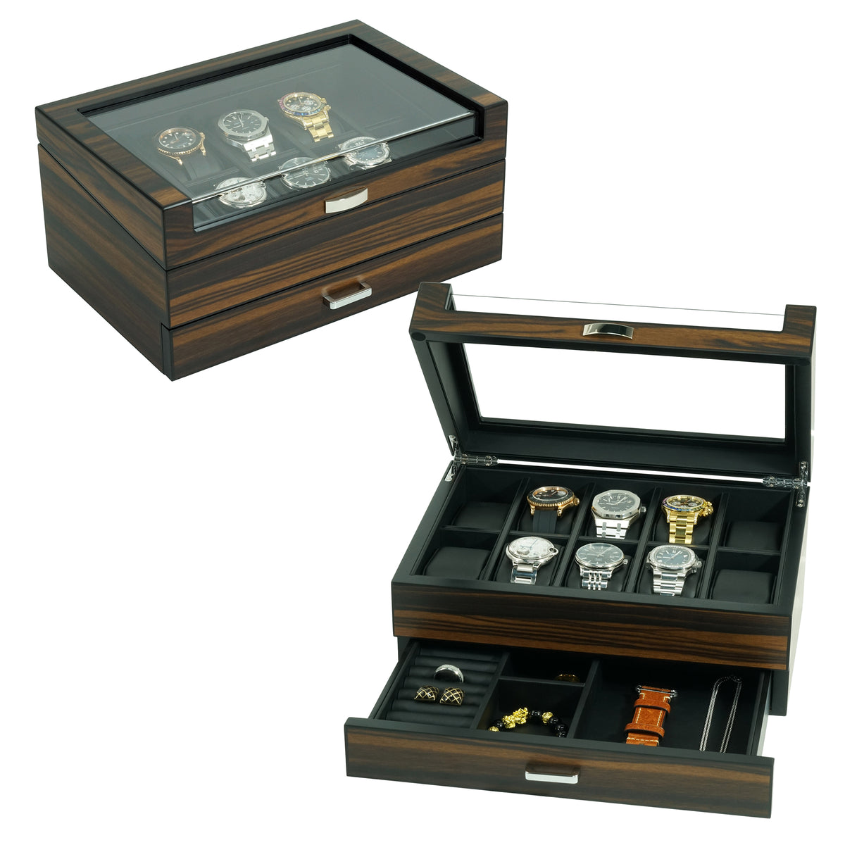 10 Slot Ebony Wood Watch Box with Drawer