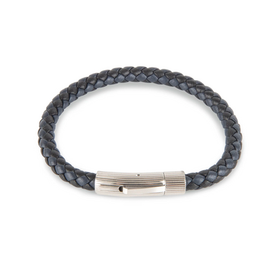 Navy/Black Leather Bracelet with SS Textured Barrel Clasp