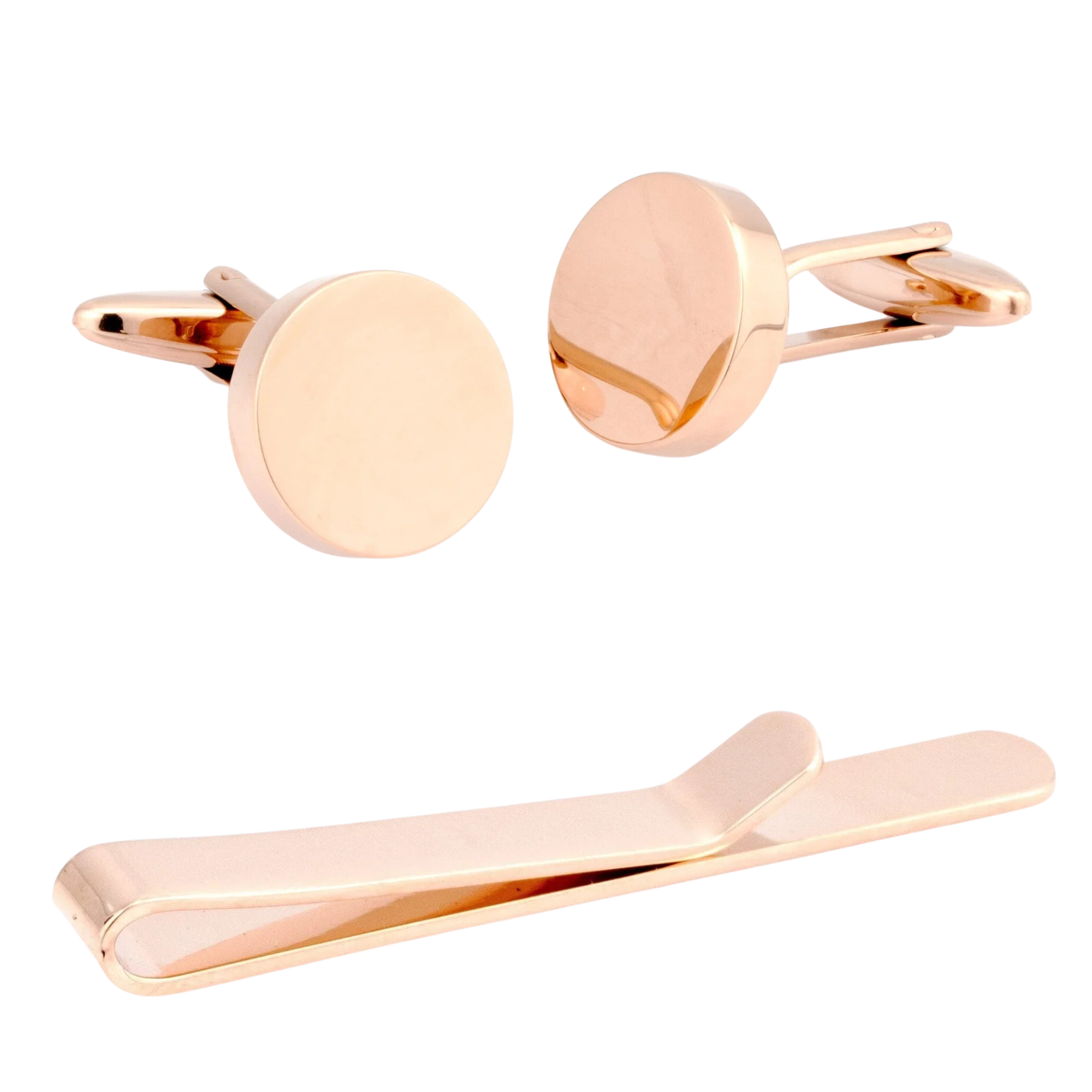 Round Rose Gold Cufflinks & Tie Bar Set