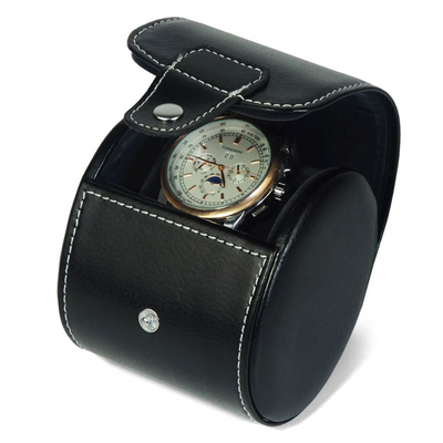 Travel Watch Roll Case for 1 in Black Genuine Leather