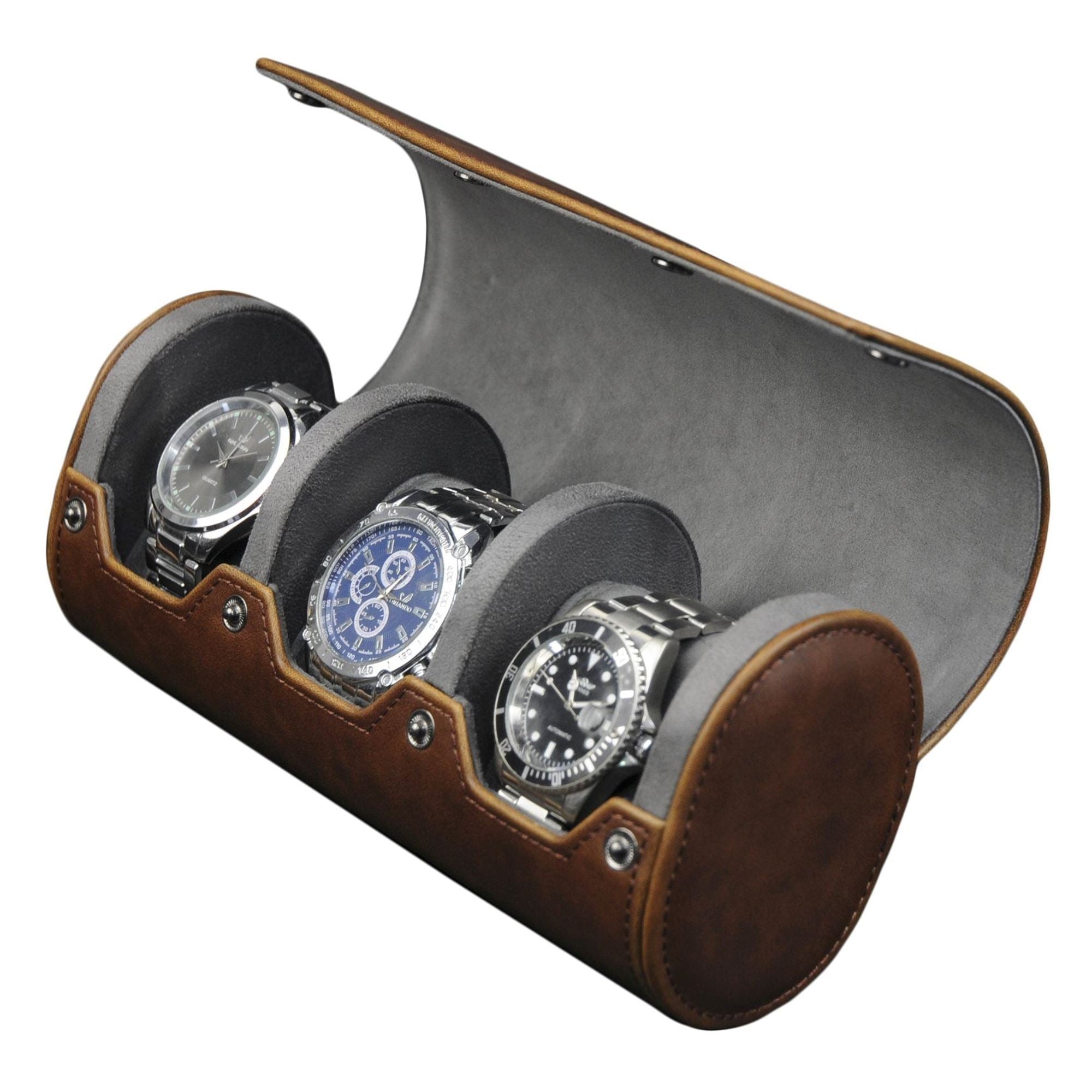 Watch Roll Case for 3 in Brown Vegan Leather Watch Boxes Clinks 