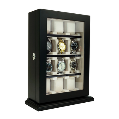 12 Slots Black Wooden Watch Cabinet