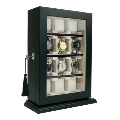 12 Slots Black Wooden Watch Cabinet