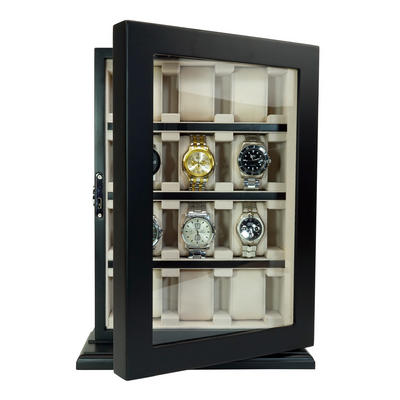 12 Slots Black Wooden Watch Cabinet