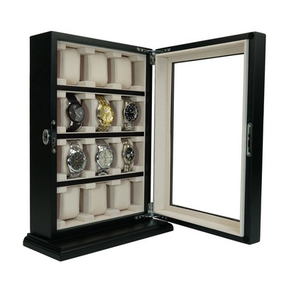 12 Slots Black Wooden Watch Cabinet