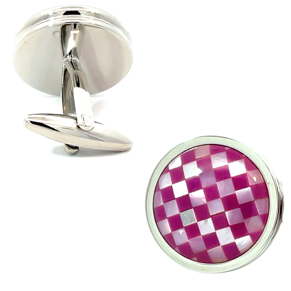 Mother of Pearl and Purple Checkerboard in Round Silver Cufflinks
