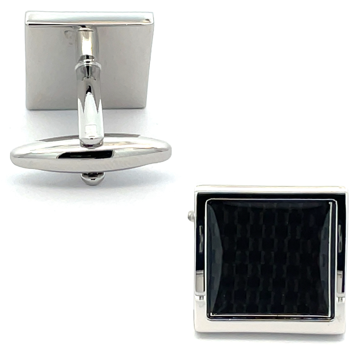 Black Carbon Fibre in Silver Square Cufflinks