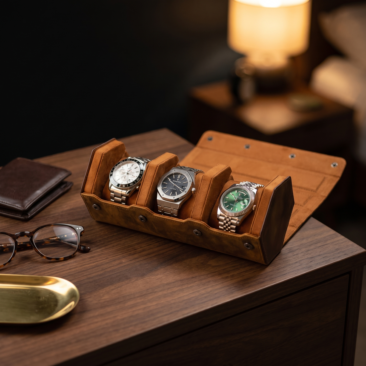 Hex Leather Watch Roll 3 Slots in Saddle Leather/Brown — lifestyle shot