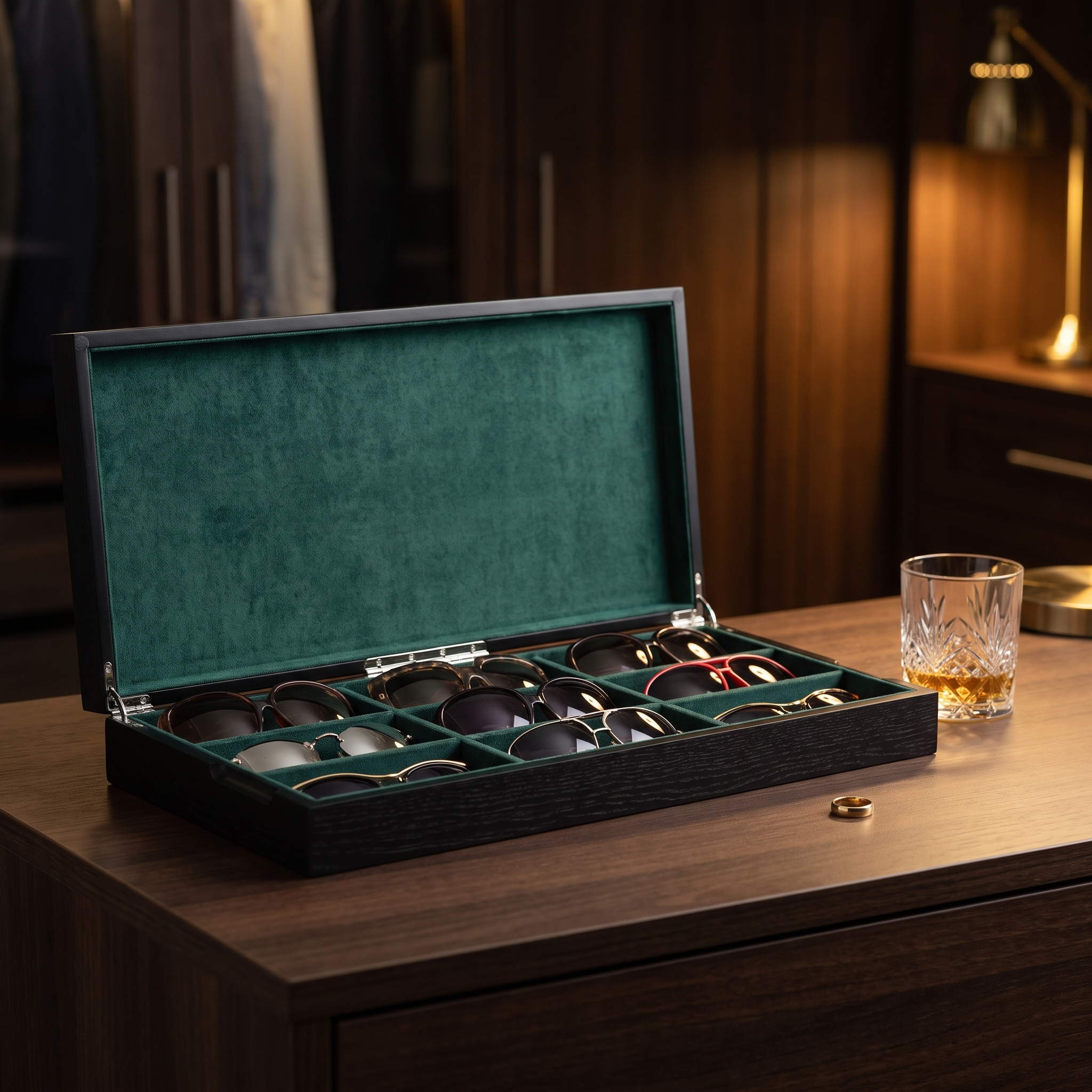 9 Pairs Wooden Sunglass Box in Black/Green — lifestyle shot