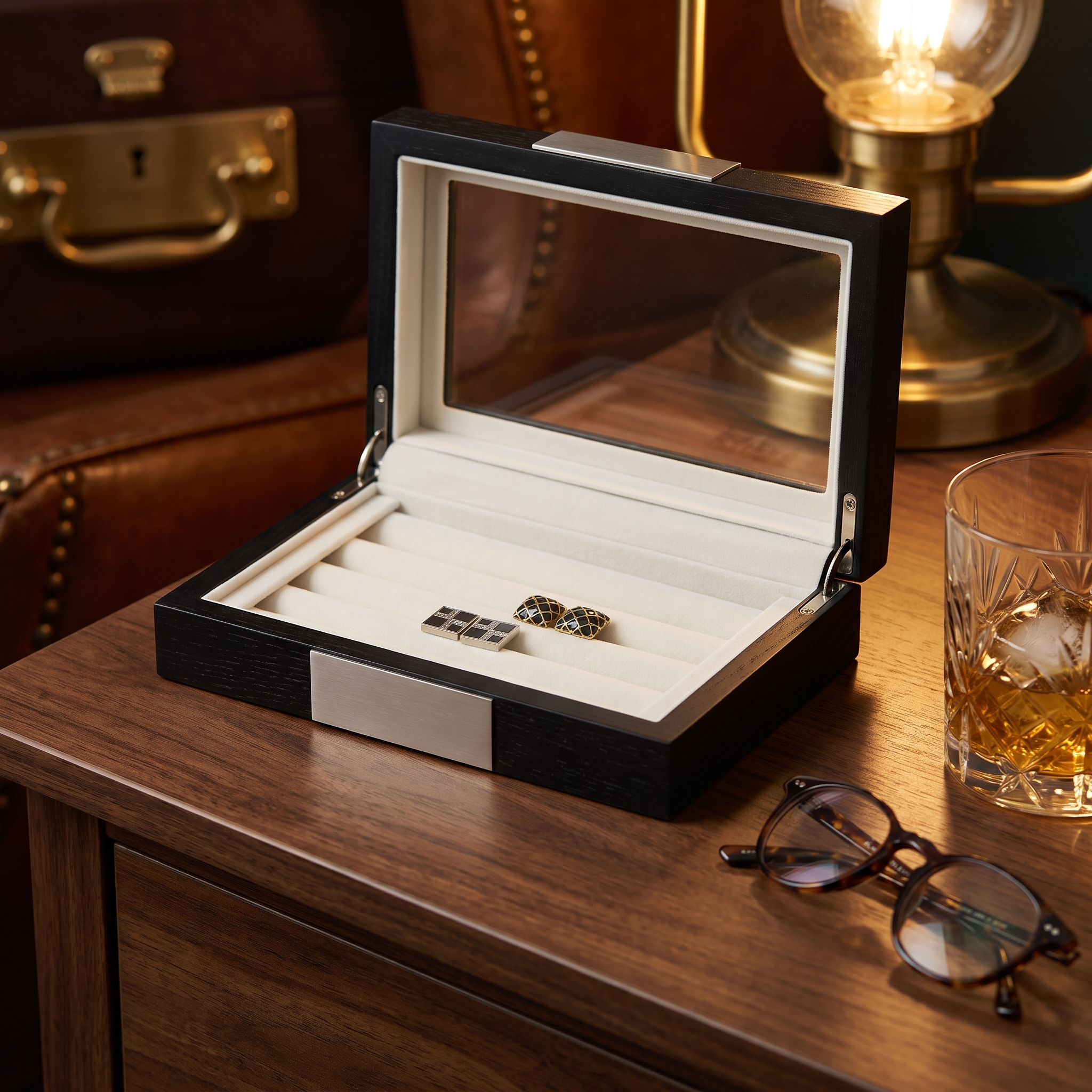 20 Pairs Black Wooden Cufflink Box — lifestyle shot
