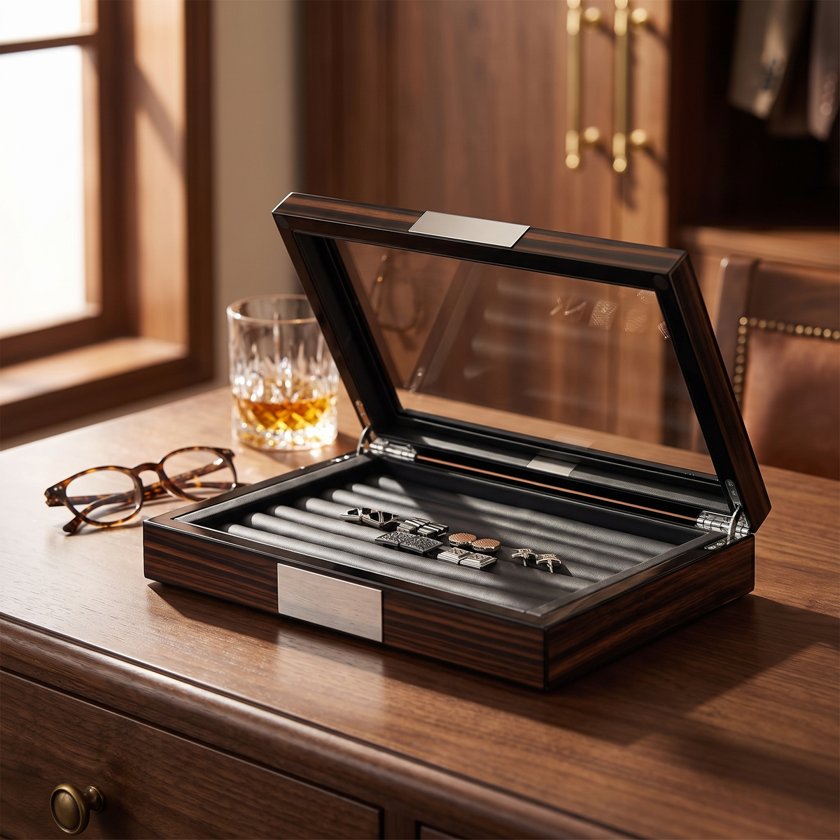 40 Pair Cufflink Box in Ebony Wood — lifestyle shot