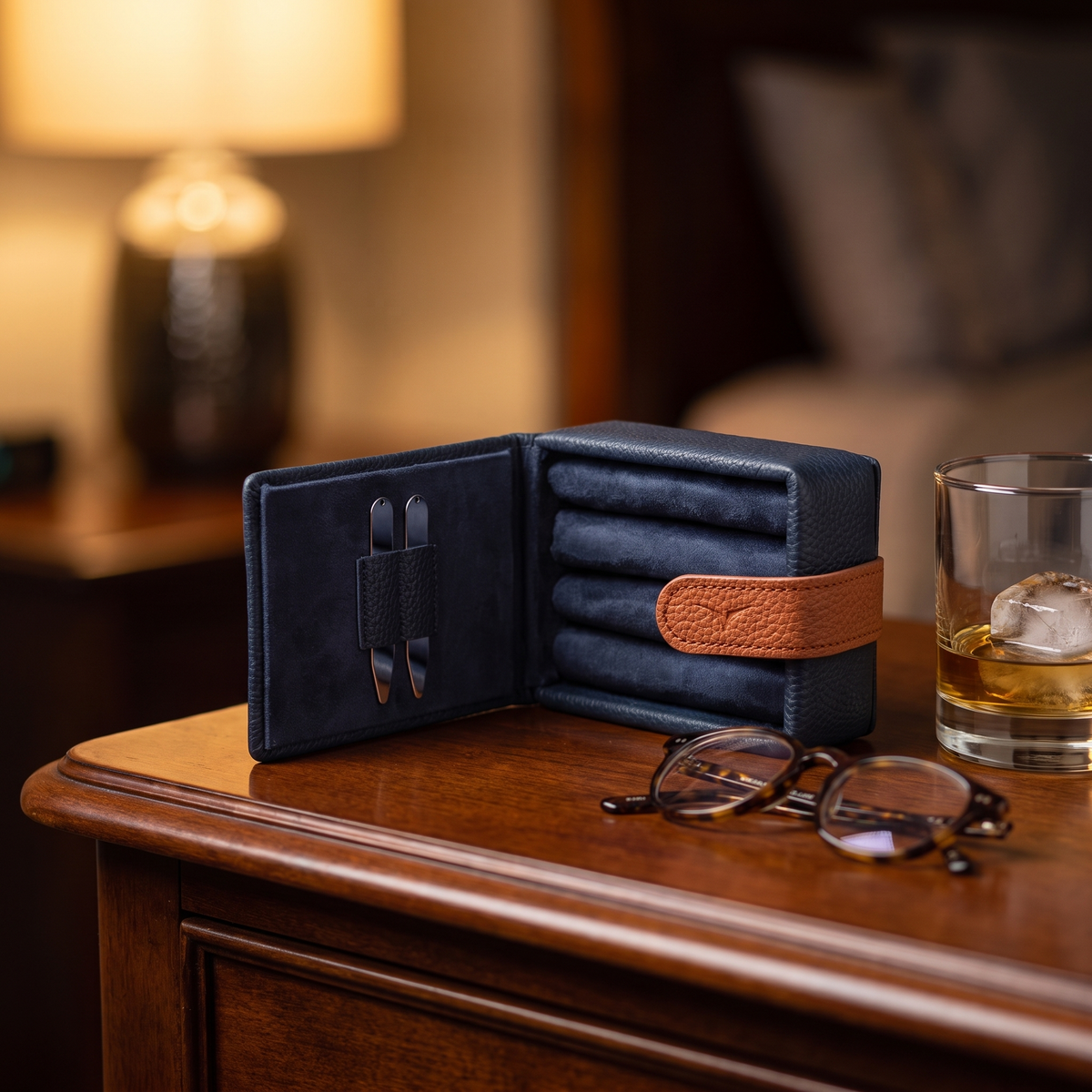 Leather Cufflink Wallet - Blue — lifestyle shot