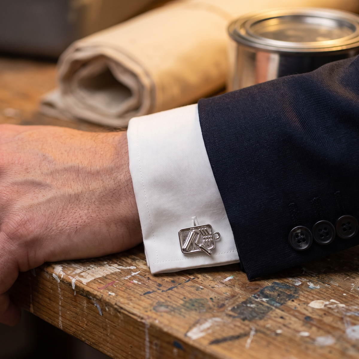 Painters Roller Tray Silver Cufflinks — lifestyle shot
