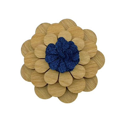 Wooden Flower with Blue Fabric Centre Lapel Pin