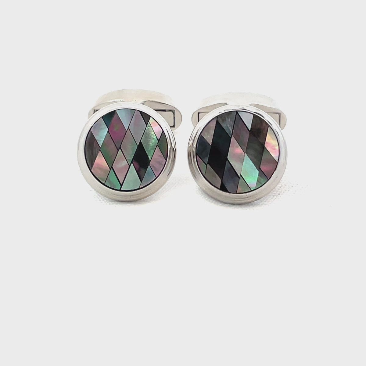 Black Diamond Mosaic Mother of Pearl in Round Silver Cufflinks