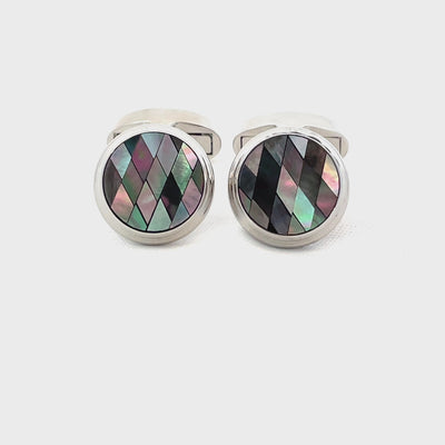 Black Diamond Mosaic Mother of Pearl in Round Silver Cufflinks