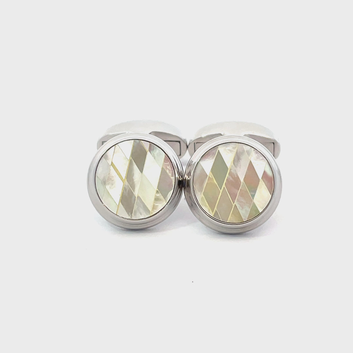 Diamond Mosaic Mother of Pearl Cufflinks in Round Silver