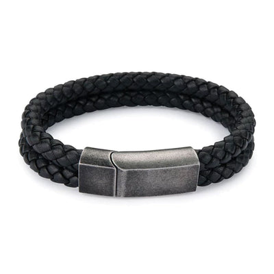 Double Black Leather Weave Bracelet - Aged Steel Clasp