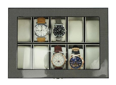 Carbon Fibre Wooden Watch Box, 10 Watch Box, Cuffed Watch Box, Clinks Australia Watch Box, Carbon Fibre Watch Boxes on Cuffed, Australia Watch Box, Watch Storage Box, Watch Display Box, 10 Slots Watch Box, Watch Boxes for 10, Wooden Watch Box, Carbon Fibre, Watch Boxes, CB5055, Clinks.com