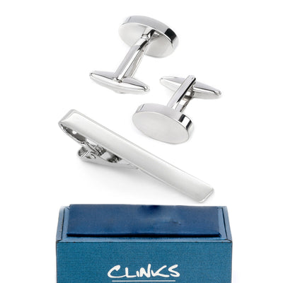 Silver Oval Engravable Cufflinks & Tie Clip Set