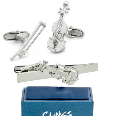 Violin Silver Cufflinks & Tie Clip Set